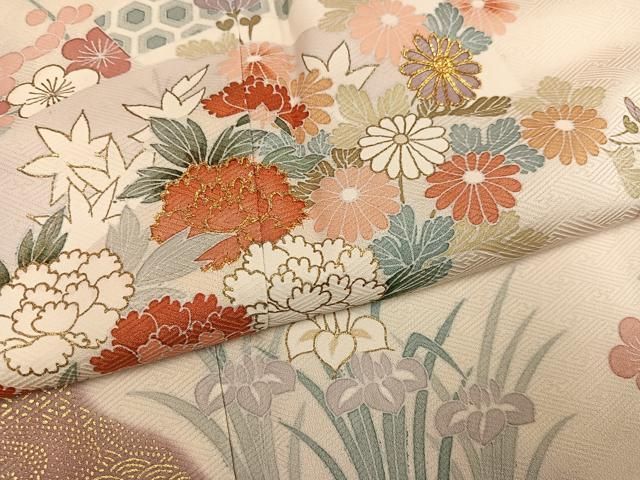 平和屋着物●訪問着　駒刺繍　草花文　金彩　正絹　逸品　未使用　AABN5233ph