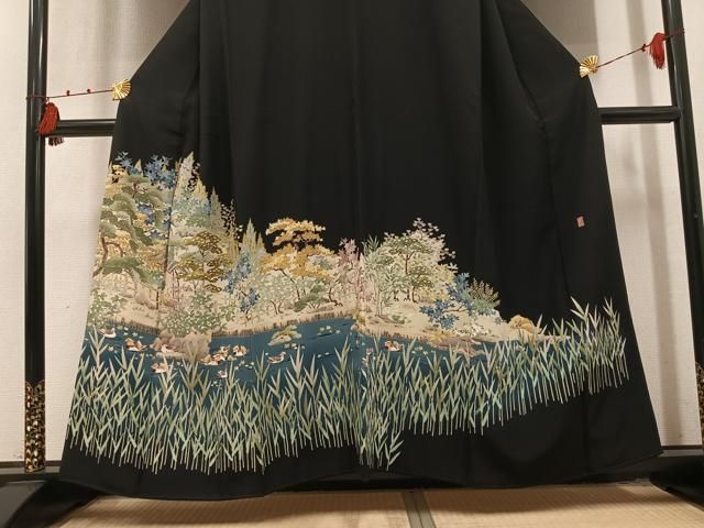 平和屋着物●本加賀友禅作家　柿本市郎　黒留袖　鴛鴦草花文　正絹　逸品　AABN5238ph