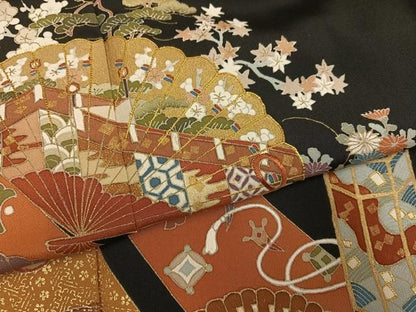 平和屋着物●豪華黒留袖　駒刺繍　檜扇貝桶花文　金彩　正絹　逸品　AABN5244ph