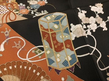 平和屋着物●豪華黒留袖　駒刺繍　檜扇貝桶花文　金彩　正絹　逸品　AABN5244ph