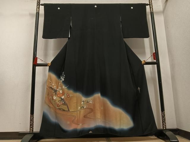 平和屋着物●京友禅の第一人者　松井青々　黒留袖　流水花文　暈し染め　金彩　正絹　逸品　AABN5248ph