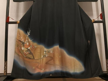 平和屋着物●京友禅の第一人者　松井青々　黒留袖　流水花文　暈し染め　金彩　正絹　逸品　AABN5248ph
