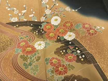 平和屋着物●京友禅の第一人者　松井青々　黒留袖　流水花文　暈し染め　金彩　正絹　逸品　AABN5248ph