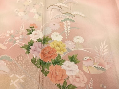 平和屋着物●訪問着　鴛鴦草花文　暈し染め　金彩　正絹　逸品　AABN5249ph