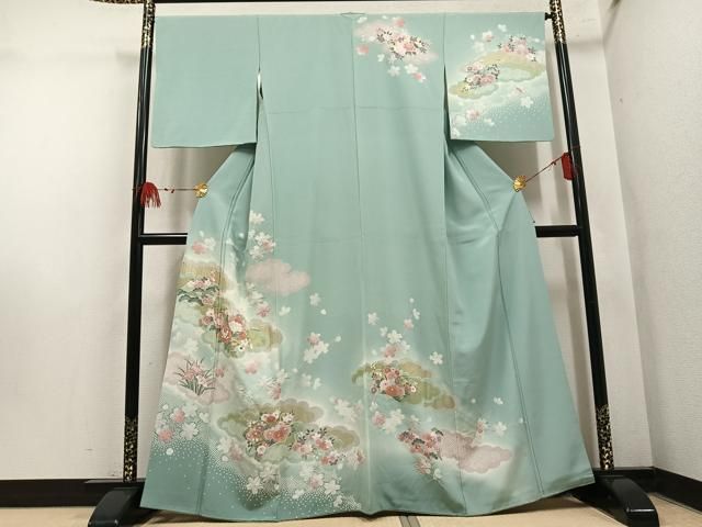 平和屋着物●訪問着　絞り　雲重ね草花文　暈し染め　金彩　正絹　逸品　AABN5256ph
