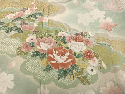 平和屋着物●訪問着　絞り　雲重ね草花文　暈し染め　金彩　正絹　逸品　AABN5256ph