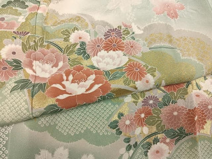 平和屋着物●訪問着　絞り　雲重ね草花文　暈し染め　金彩　正絹　逸品　AABN5256ph
