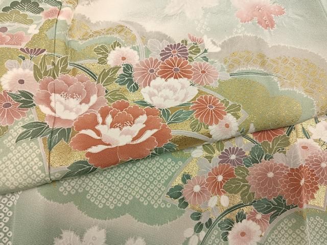 平和屋着物●訪問着　絞り　雲重ね草花文　暈し染め　金彩　正絹　逸品　AABN5256ph