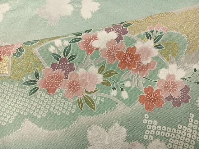 平和屋着物●訪問着　絞り　雲重ね草花文　暈し染め　金彩　正絹　逸品　AABN5256ph