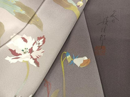 平和屋着物●二代目清次郎　手描き　訪問着　草花文　暈し染め　正絹　逸品　AABN5261ph
