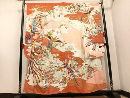 平和屋着物●豪華振袖　駒刺繍　御所車鳳凰几帳花文　金彩　正絹　逸品　AABN5263ph