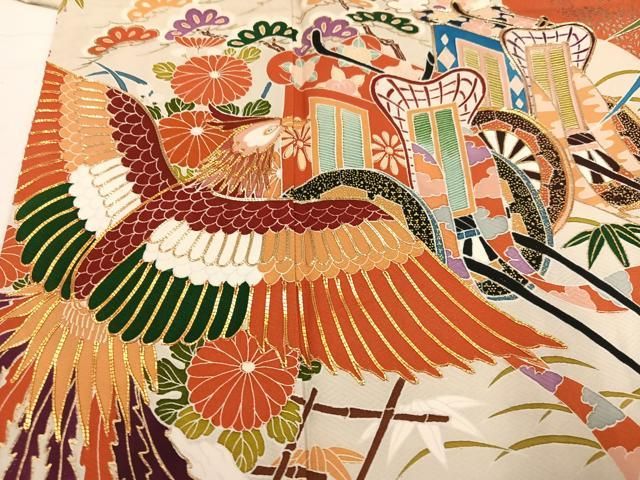 平和屋着物●豪華振袖　駒刺繍　御所車鳳凰几帳花文　金彩　正絹　逸品　AABN5263ph