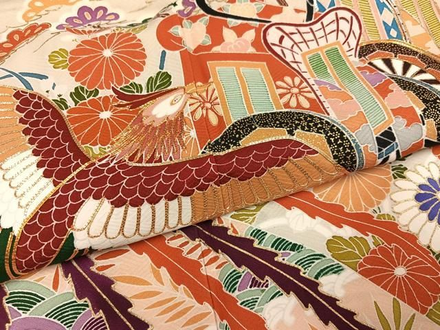 平和屋着物●豪華振袖　駒刺繍　御所車鳳凰几帳花文　金彩　正絹　逸品　AABN5263ph