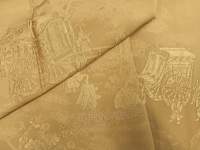 平和屋着物●中国三大刺繍　汕頭刺繍　スワトウ刺繍　色留袖　御所車人物草花文　色無地　枯色　正絹　逸品　AABN5266ph
