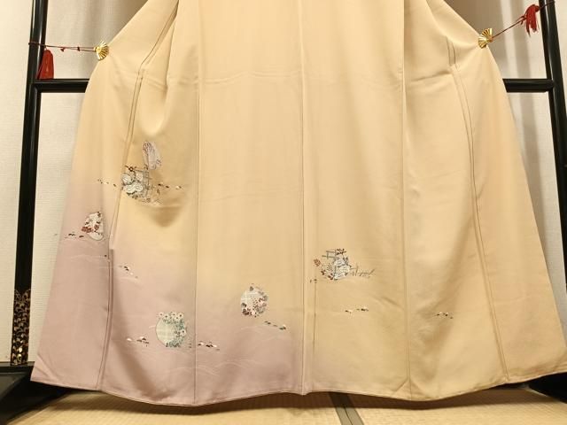 平和屋着物●訪問着　刺繍　草花文　暈し染め　金糸　正絹　逸品　AABN5269ph