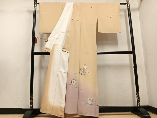 平和屋着物●訪問着　刺繍　草花文　暈し染め　金糸　正絹　逸品　AABN5269ph