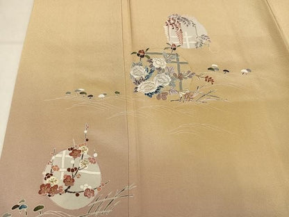 平和屋着物●訪問着　刺繍　草花文　暈し染め　金糸　正絹　逸品　AABN5269ph