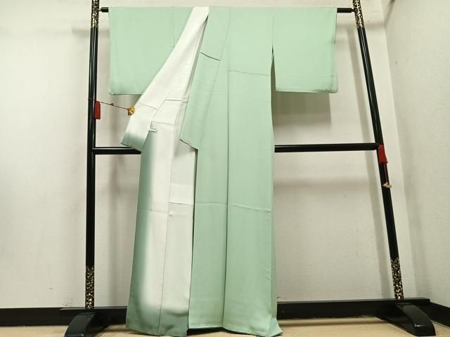 平和屋着物●上質な色無地　薄萌葱色　格子地紋　正絹　逸品　AABN5300ph