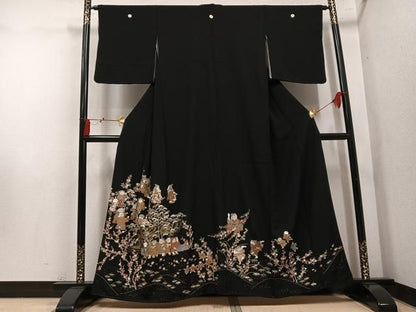 平和屋着物●豪華黒留袖　総刺繍　童子草花文　金糸　正絹　逸品　AABN5308ph