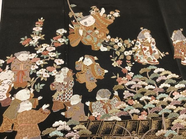 平和屋着物●豪華黒留袖　総刺繍　童子草花文　金糸　正絹　逸品　AABN5308ph