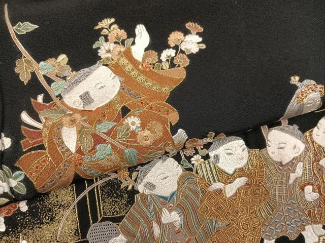 平和屋着物●豪華黒留袖　総刺繍　童子草花文　金糸　正絹　逸品　AABN5308ph
