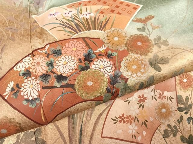 平和屋着物●訪問着　手描き　地紙草花文　暈し染め　金彩　正絹　逸品　AABN5313ph
