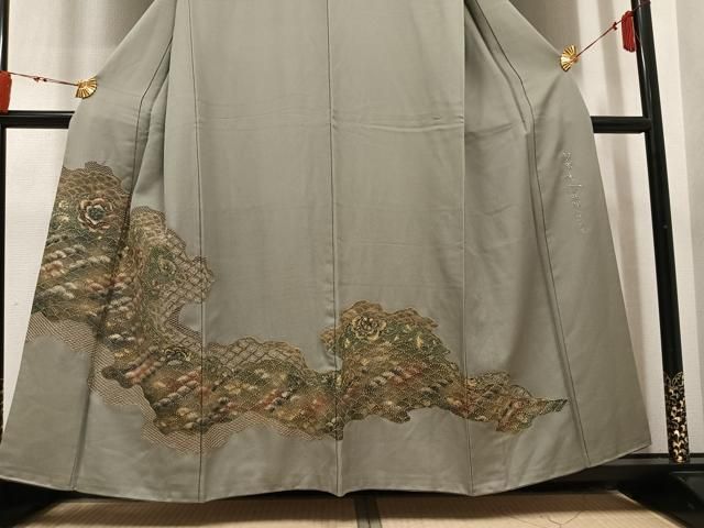 平和屋着物●豪華色留袖　蘇州刺繍　作家物　金糸　金彩　正絹　逸品　AABN5319ph