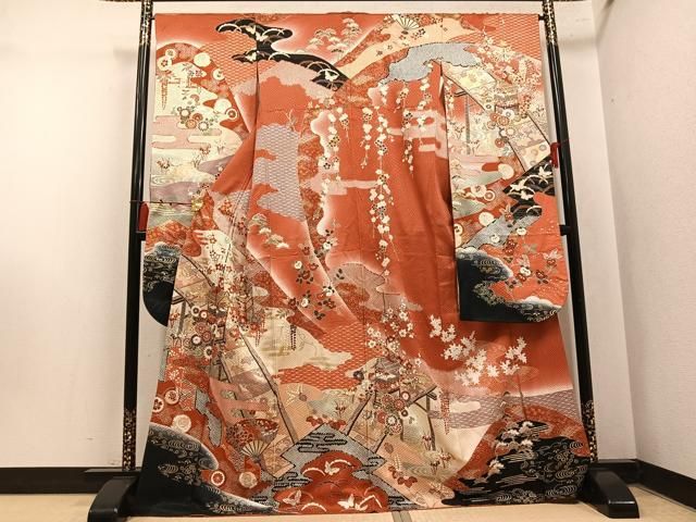平和屋着物●豪華振袖　駒刺繍　扇面山車花文　暈し染め　金彩　正絹　逸品　AABN5324ph