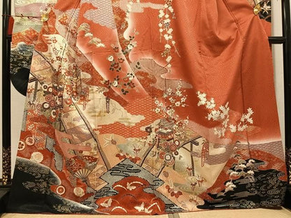 平和屋着物●豪華振袖　駒刺繍　扇面山車花文　暈し染め　金彩　正絹　逸品　AABN5324ph