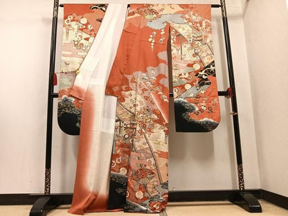 平和屋着物●豪華振袖　駒刺繍　扇面山車花文　暈し染め　金彩　正絹　逸品　AABN5324ph