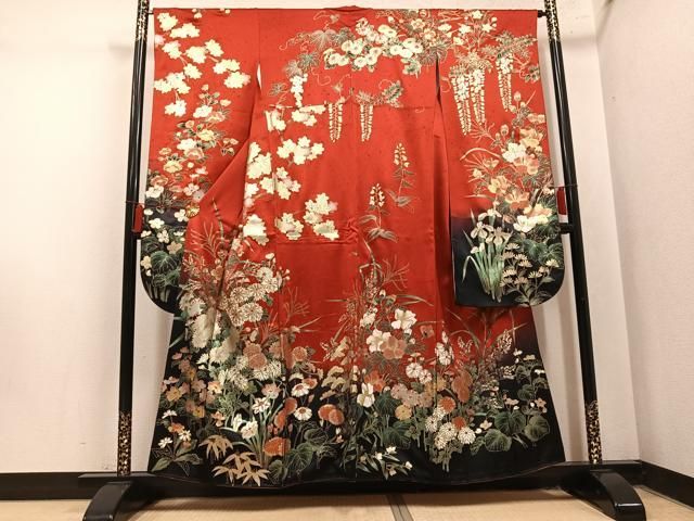 平和屋着物●豪華振袖　草花文　暈し染め　金銀彩　正絹　逸品　AABN5325ph