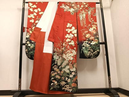 平和屋着物●豪華振袖　草花文　暈し染め　金銀彩　正絹　逸品　AABN5325ph