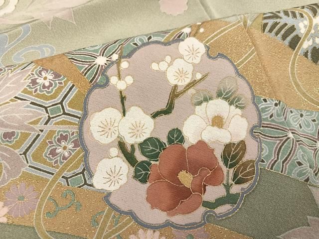 平和屋着物●豪華色留袖　駒刺繍　雪輪吉祥花文　金彩　正絹　逸品　AABN5329ph