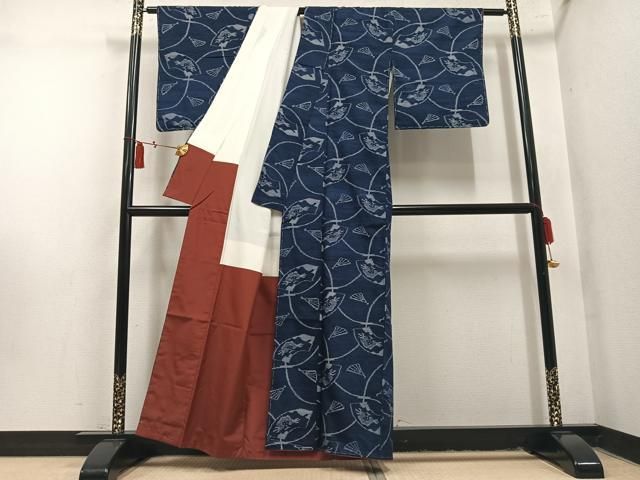 平和屋着物●弓浜絣　地紙扇文　反端付き　正絹　逸品　未使用　AABN5334ph