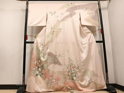 平和屋着物●訪問着　駒刺繍　扇面草花文　暈し染め　金彩　正絹　逸品　AABN5343ph