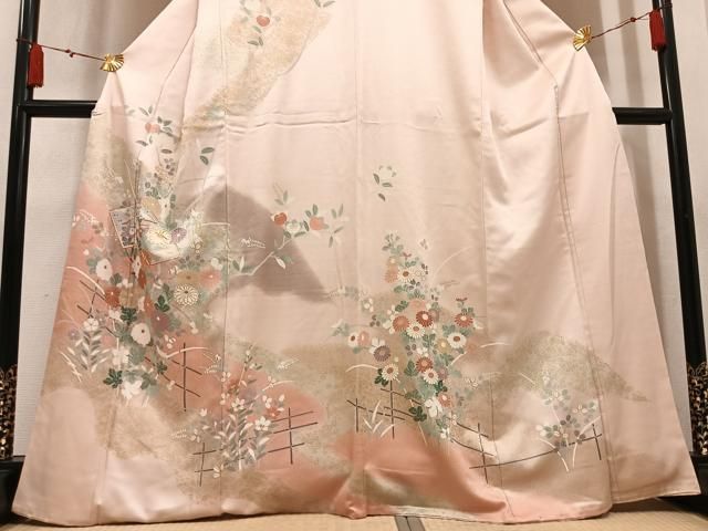 平和屋着物●訪問着　駒刺繍　扇面草花文　暈し染め　金彩　正絹　逸品　AABN5343ph