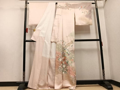 平和屋着物●訪問着　駒刺繍　扇面草花文　暈し染め　金彩　正絹　逸品　AABN5343ph