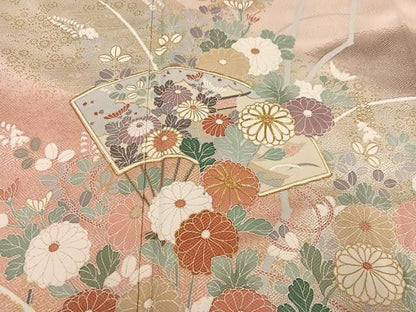 平和屋着物●訪問着　駒刺繍　扇面草花文　暈し染め　金彩　正絹　逸品　AABN5343ph