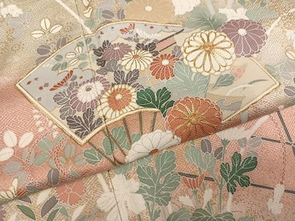 平和屋着物●訪問着　駒刺繍　扇面草花文　暈し染め　金彩　正絹　逸品　AABN5343ph