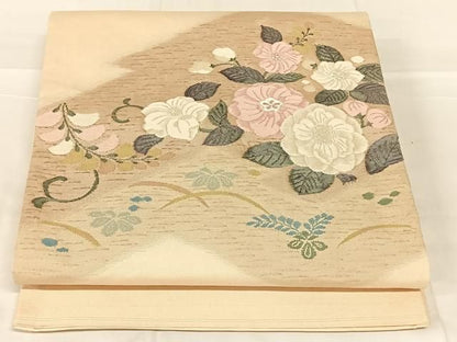 平和屋着物◎太鼓柄袋帯　すくい織　草花文　銀糸　正絹　逸品　AABN5362dk