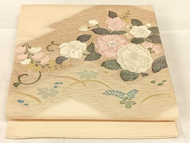 平和屋着物◎太鼓柄袋帯　すくい織　草花文　銀糸　正絹　逸品　AABN5362dk