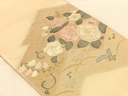 平和屋着物◎太鼓柄袋帯　すくい織　草花文　銀糸　正絹　逸品　AABN5362dk