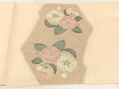 平和屋着物◎太鼓柄袋帯　すくい織　草花文　銀糸　正絹　逸品　AABN5362dk