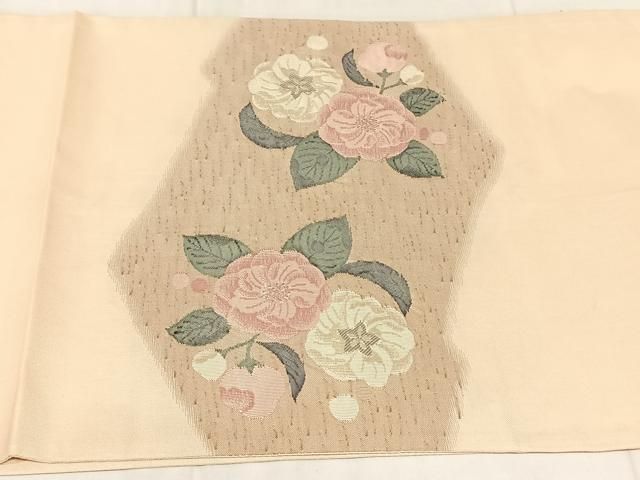 平和屋着物◎太鼓柄袋帯　すくい織　草花文　銀糸　正絹　逸品　AABN5362dk