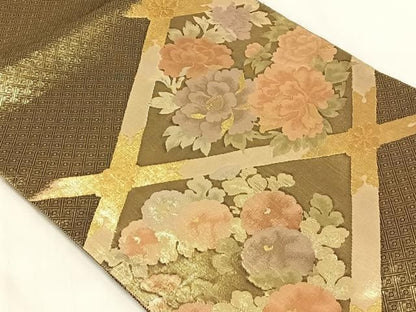 平和屋着物◎佐賀錦　太鼓柄袋帯　草花文　金糸　正絹　逸品　AABN5373dk