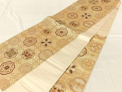 平和屋着物◎六通柄袋帯　花格子　金糸　正絹　逸品　AABN5390dk