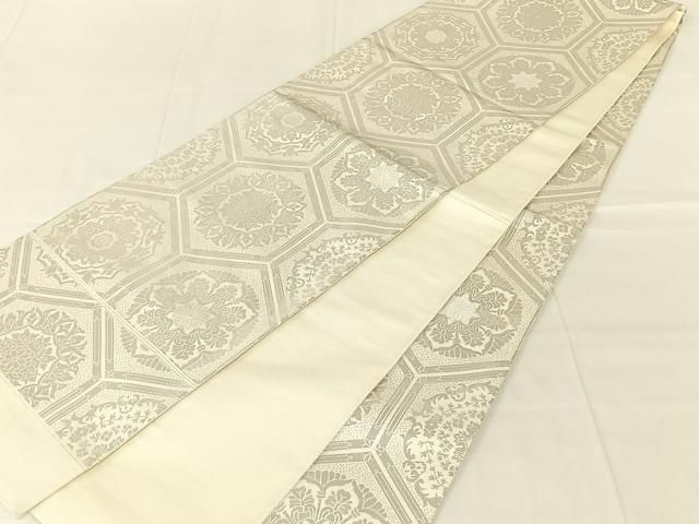 平和屋着物◎西陣　全通柄袋帯　亀甲花文　銀糸　正絹　逸品　AABN5432dk