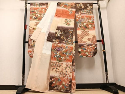 平和屋着物●豪華振袖　駒刺繍　檜扇吉祥花文　暈し染め　金彩　正絹　逸品　AABN5733ph