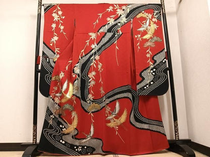 平和屋着物●豪華振袖　絞り　駒刺繍　群れ鶴草花文　金銀彩　正絹　逸品　AABN5734ph