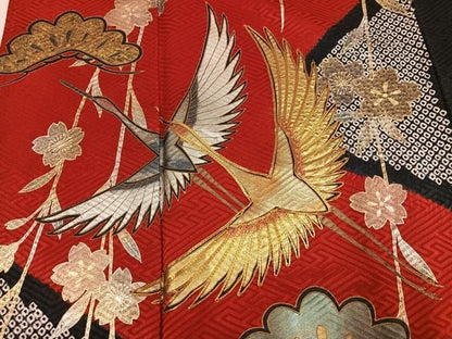 平和屋着物●豪華振袖　絞り　駒刺繍　群れ鶴草花文　金銀彩　正絹　逸品　AABN5734ph